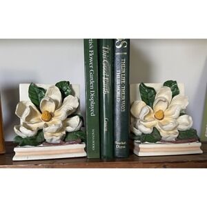 VTG CBK Ltd 1995 Magnolia Bookends Pair Resin Chalkware Southern Cottage Decor